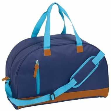 Weekendtas donkerblauw/bruin met schouderband 40 liter