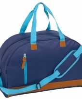 Weekendtas donkerblauw bruin met schouderband 40 liter